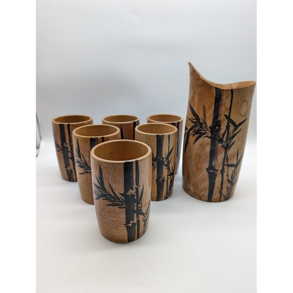 7 Set Vtg Natural Bamboo Cups Pitcher Hand Painted Made in Japan MCM Bar Tiki